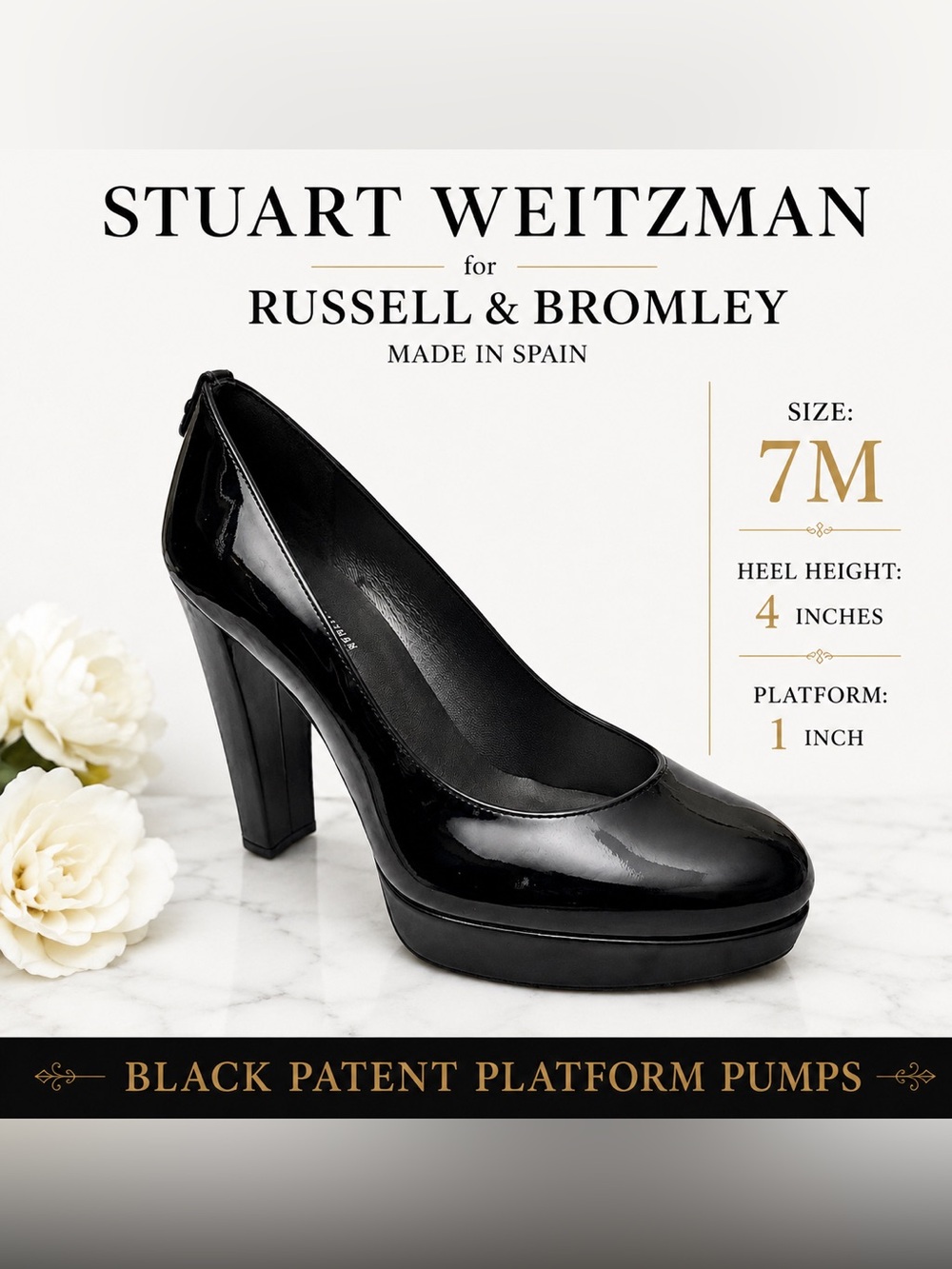 Stuart Weitzman Black Patent Leather Platform Heels Women’s Size 7M 4” Heel